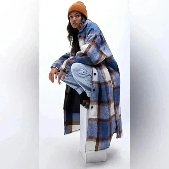 OBEY Blue Plaid Emile Brushed Longline Shacket Jacket - Picture 4 of 8